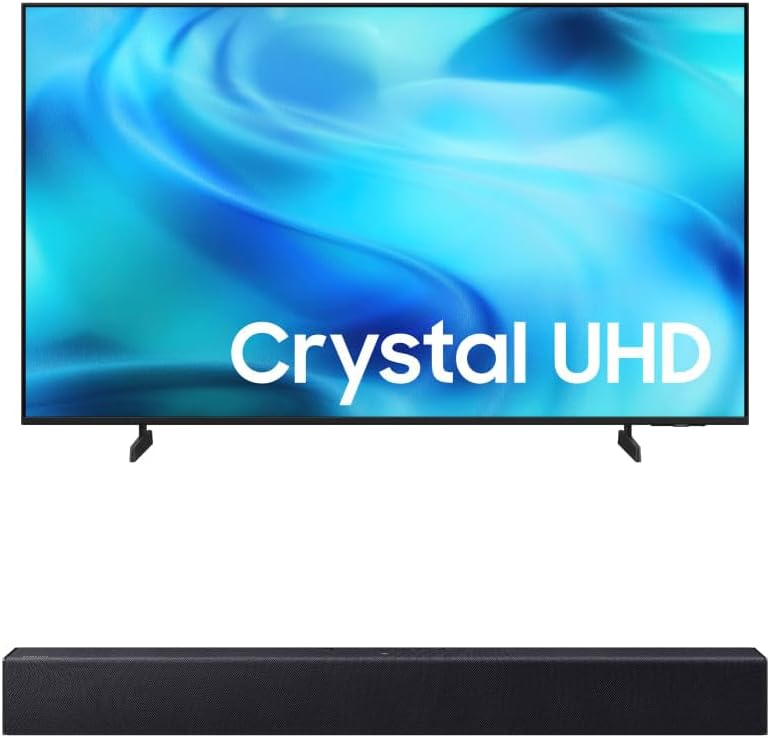 Mostra o pacote completo e ajuda a comunicar rapidamente que a compra inclui TV e soundbar.