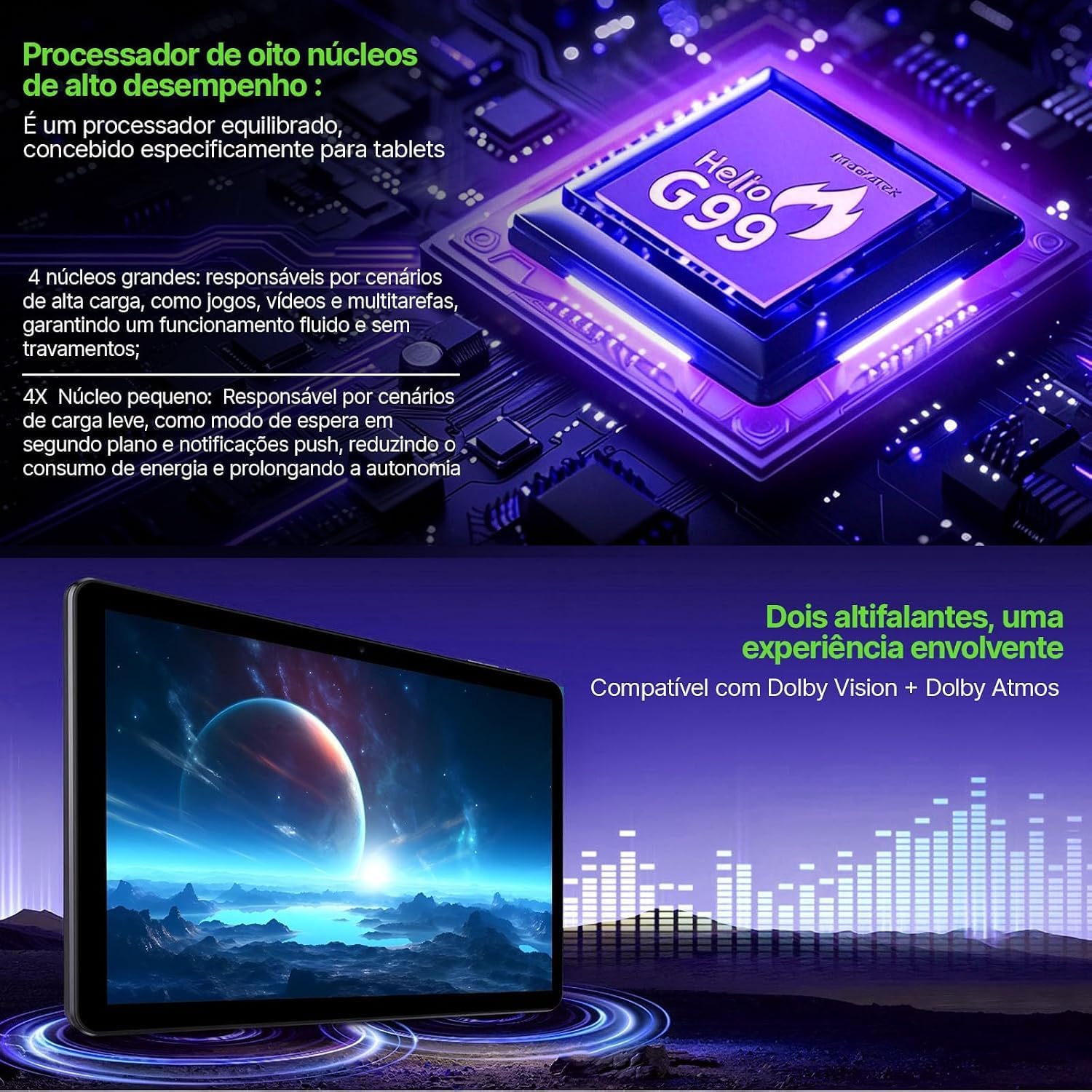 Serve para evidenciar os principais números do produto, como RAM, armazenamento, bateria e versão do Android.