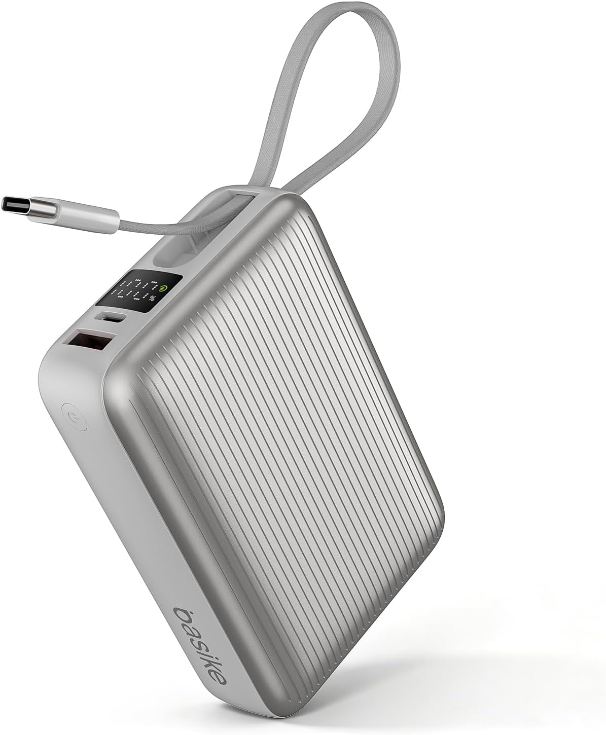 Basike Power Bank 20000Mah 45W, Cabo USB-C Integrado, Compacto, Prata