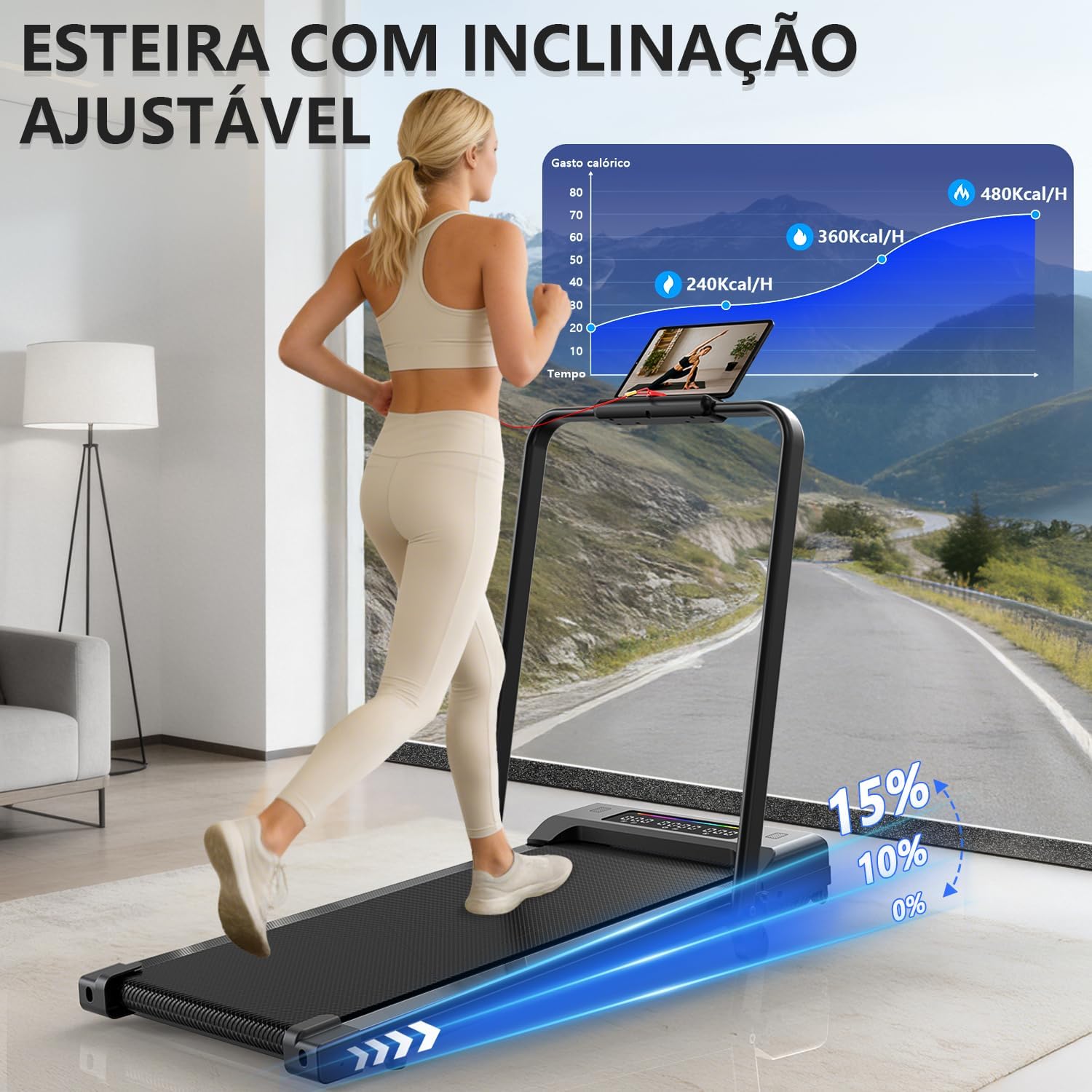 Ajuda a mostrar o design compacto e como o produto se comporta visualmente em espaço reduzido.