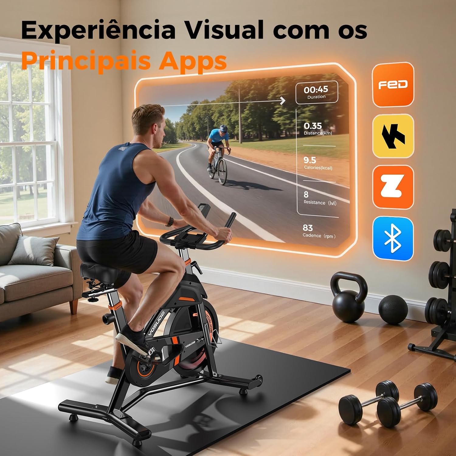 Destaca monitoramento de treino, métricas e interação com o equipamento.