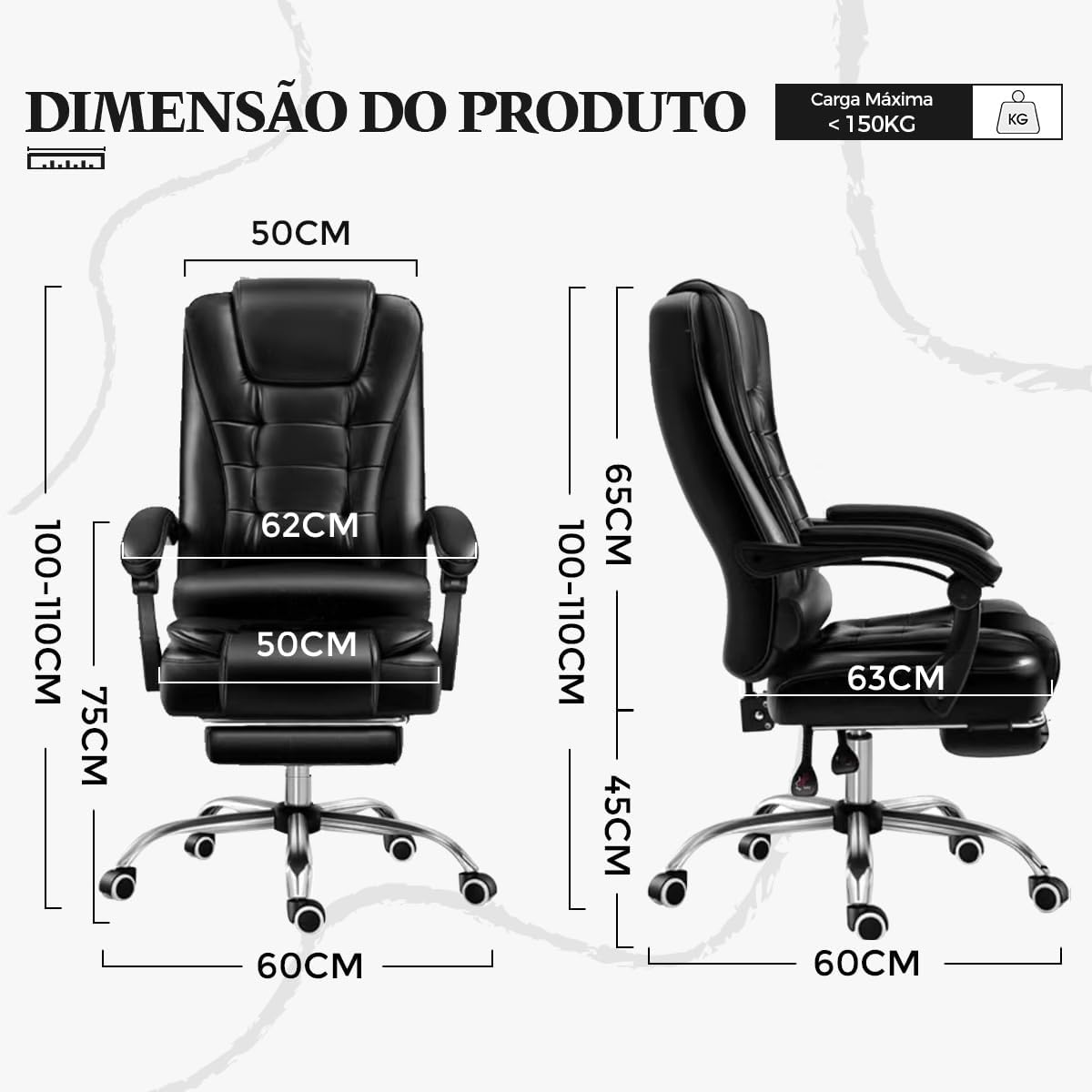 Ajuda a visualizar o reclínio e a ergonomia do formato curvado.