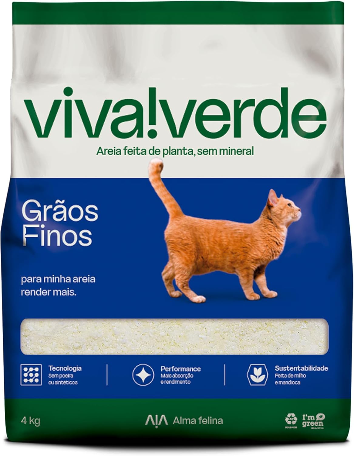 Viva Verde Areia Higiênica Biodegradável para Gatos Grãos Finos 4Kg