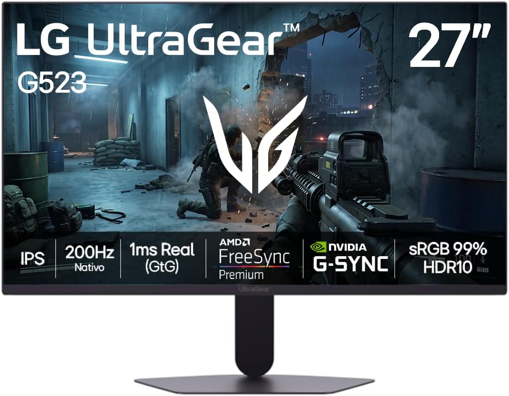 LG Ultragear Monitor Gamer 27" Ips 200Hz, 1Ms (Gtg), Full Hd (1920X1080), Hdr10, Nvidia G-Sync Amd, Freesync Premium, Srgb 99%, Preto - 27G523B