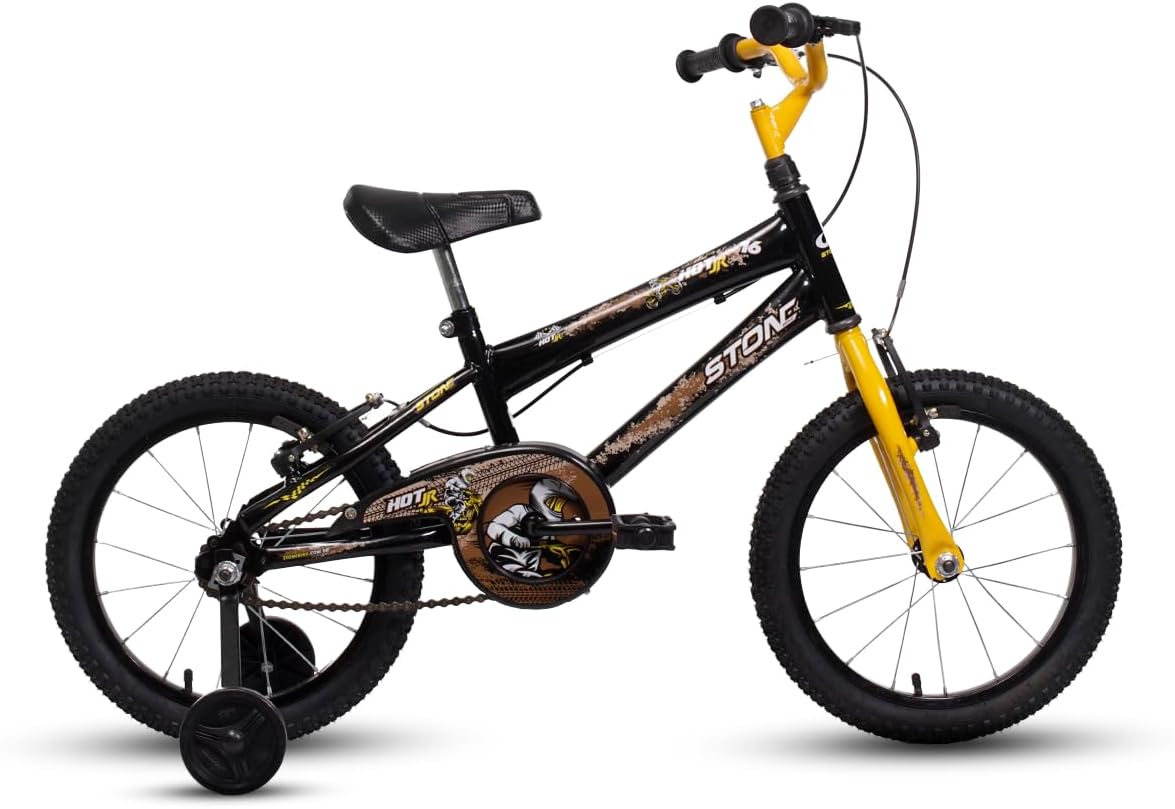 Bicicleta Infantil Hot Jr Aro 16 Menino Preta e Amarela com Rodinhas