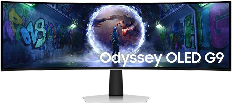 Apresenta a identidade visual do monitor, seu formato 32:9 e o apelo de tela gigante para imersão e multitarefa.