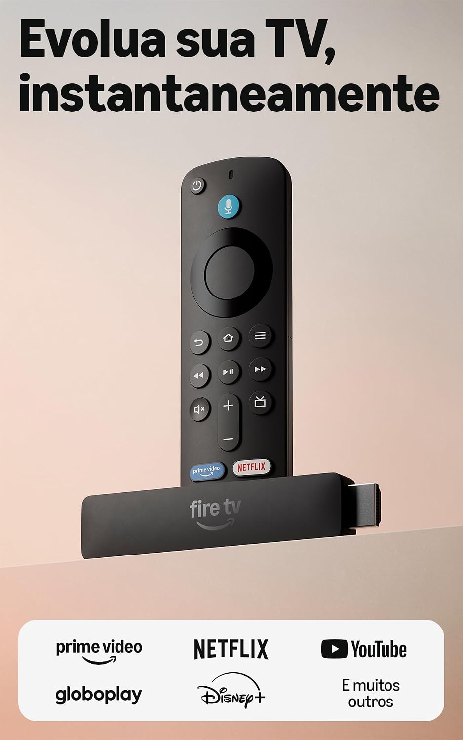 Mostra o conjunto completo e reforça a proposta do produto como solução pronta para transformar a TV.