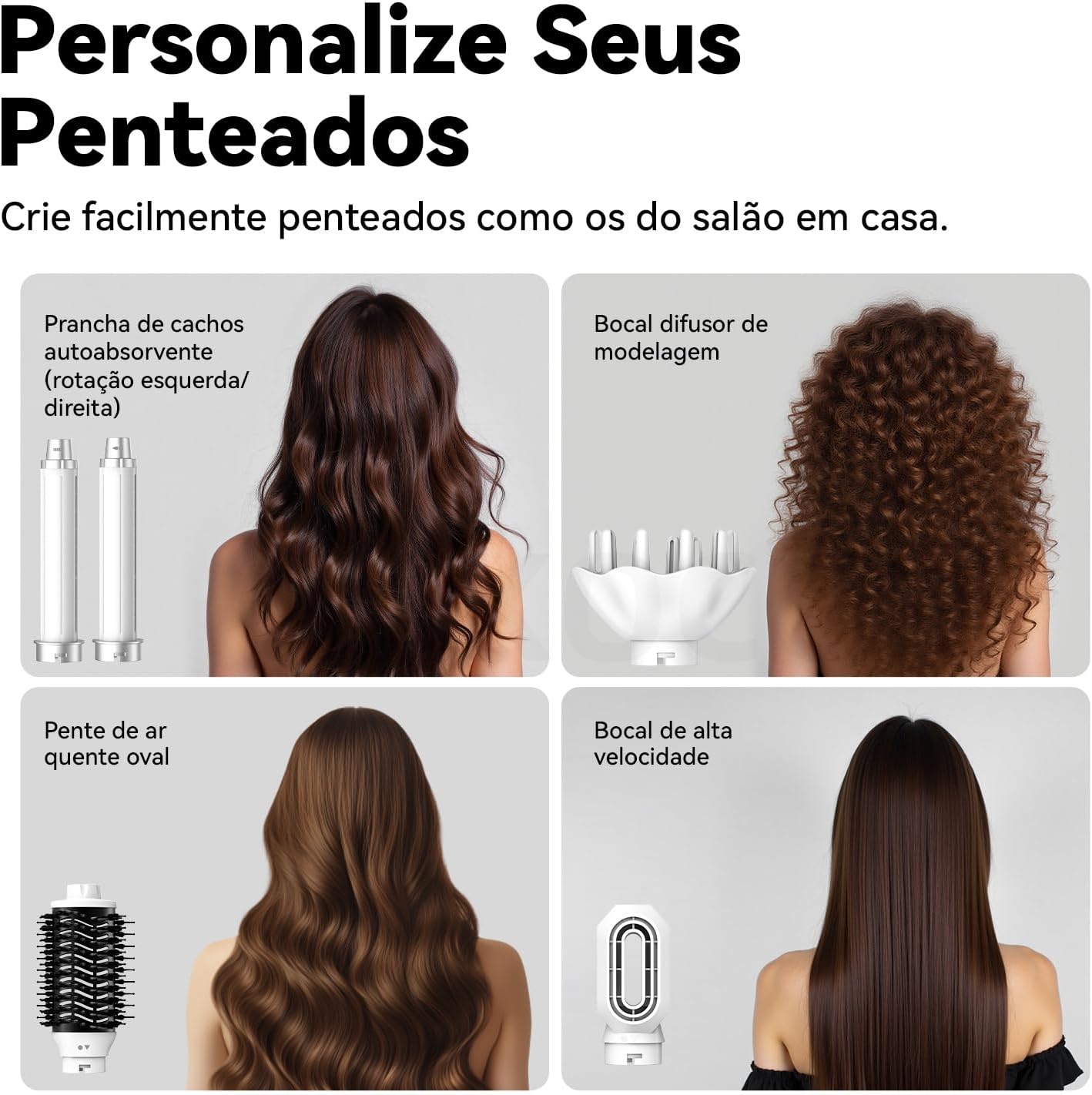 Mostra o resultado esperado na prática e ajuda a vender a experiência de escovar e secar ao mesmo tempo.