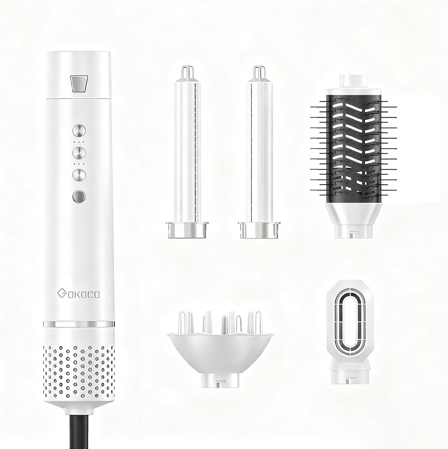 Gokoco Gd031 Escova Secador 5 Em 1 Bivolt 127-220V, Motor Silencioso, 5 Acessórios para Pentear e Modelar, Uso Doméstico e Pet, Branco
