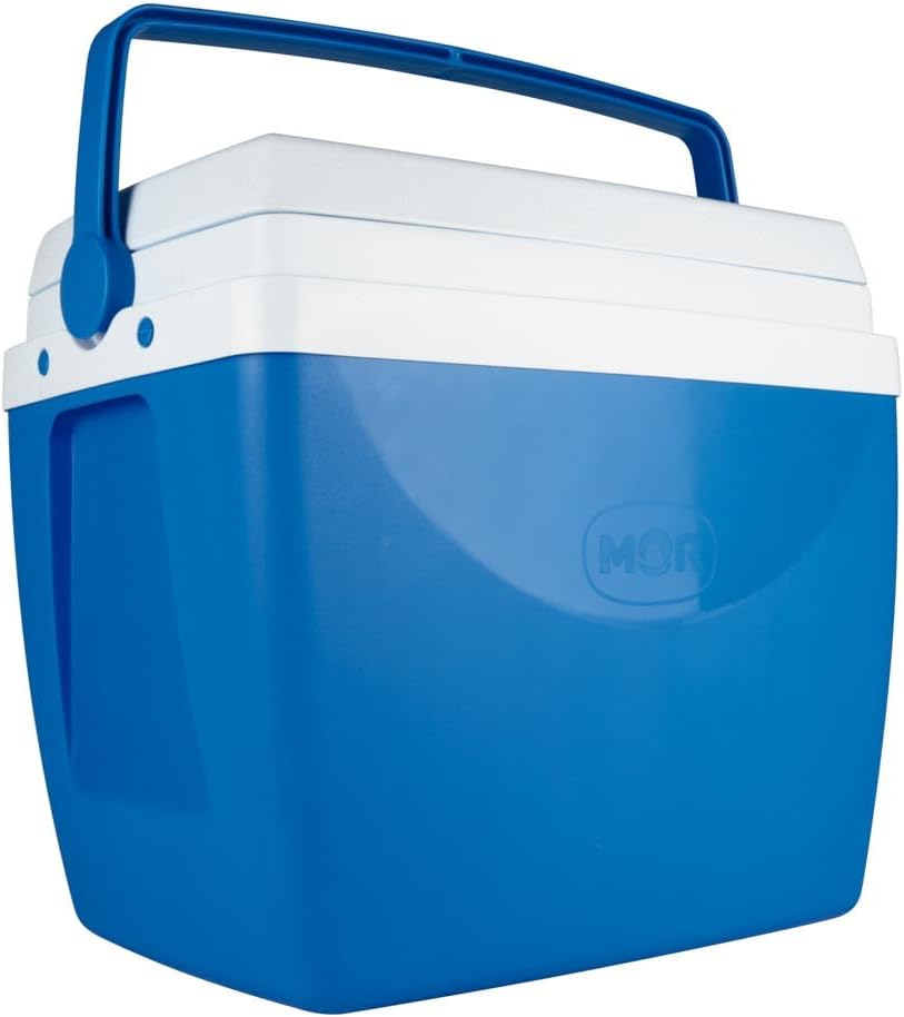 Apresenta o design geral, a cor e a proposta de portabilidade do cooler.