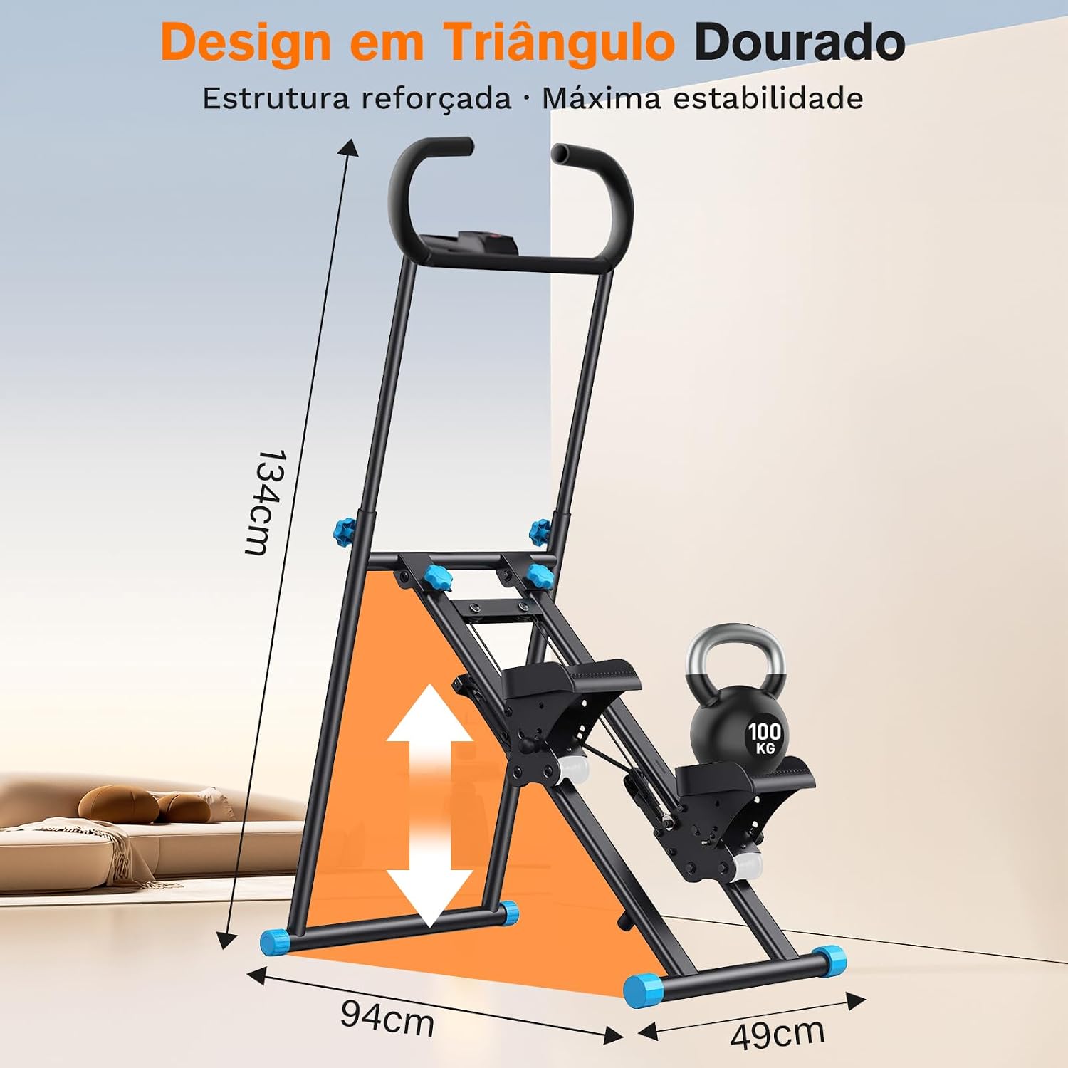 Ajuda a explicar ergonomia, estabilidade e como o aparelho se posiciona durante o treino.