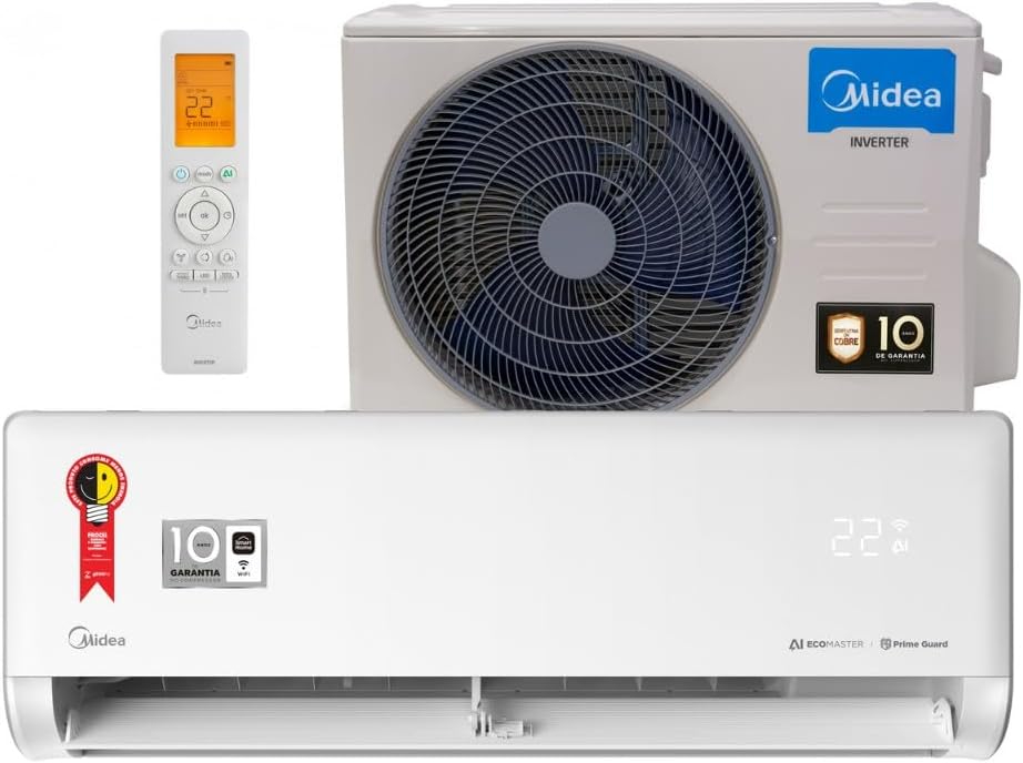 Mostra a identificação visual do produto, reforçando a proposta de um split inverter moderno e discreto para uso residencial.