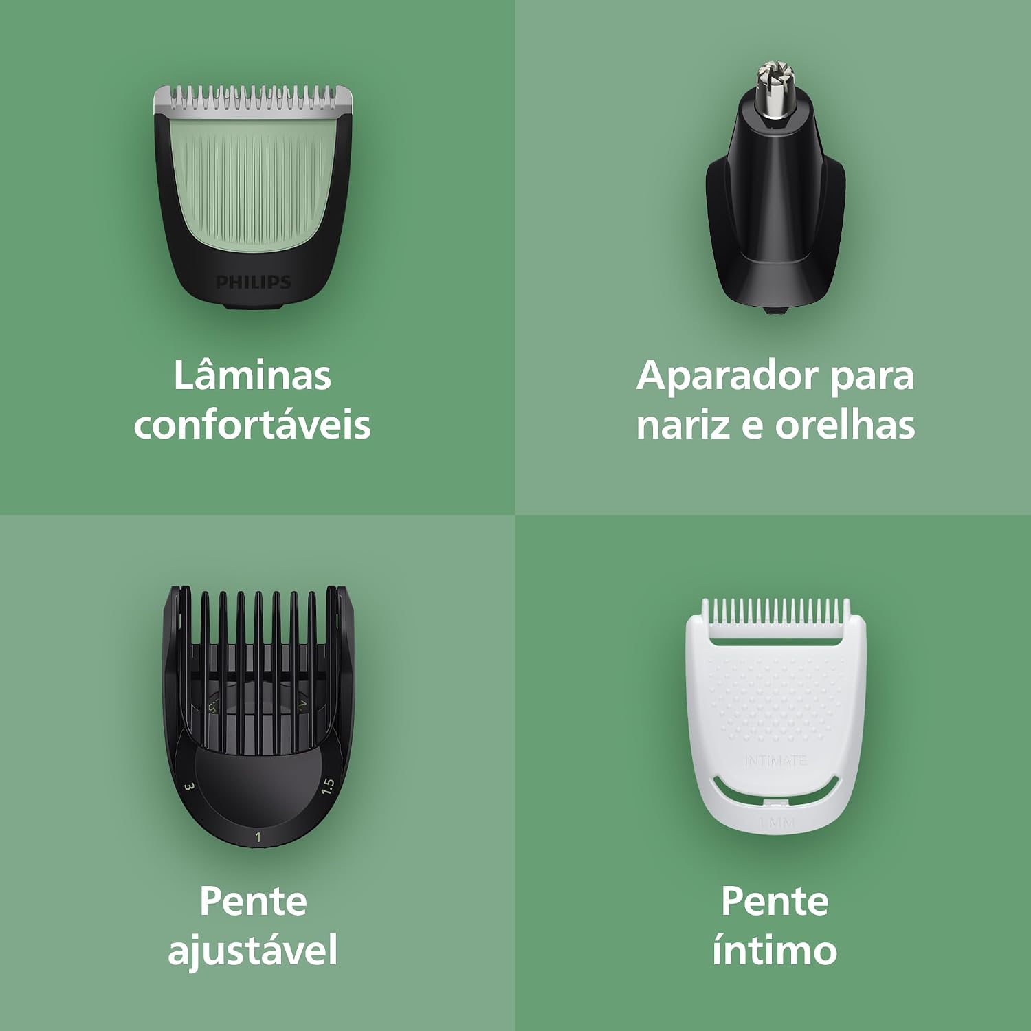 Mostra a modularidade do aparador e a função específica de cada acessório.