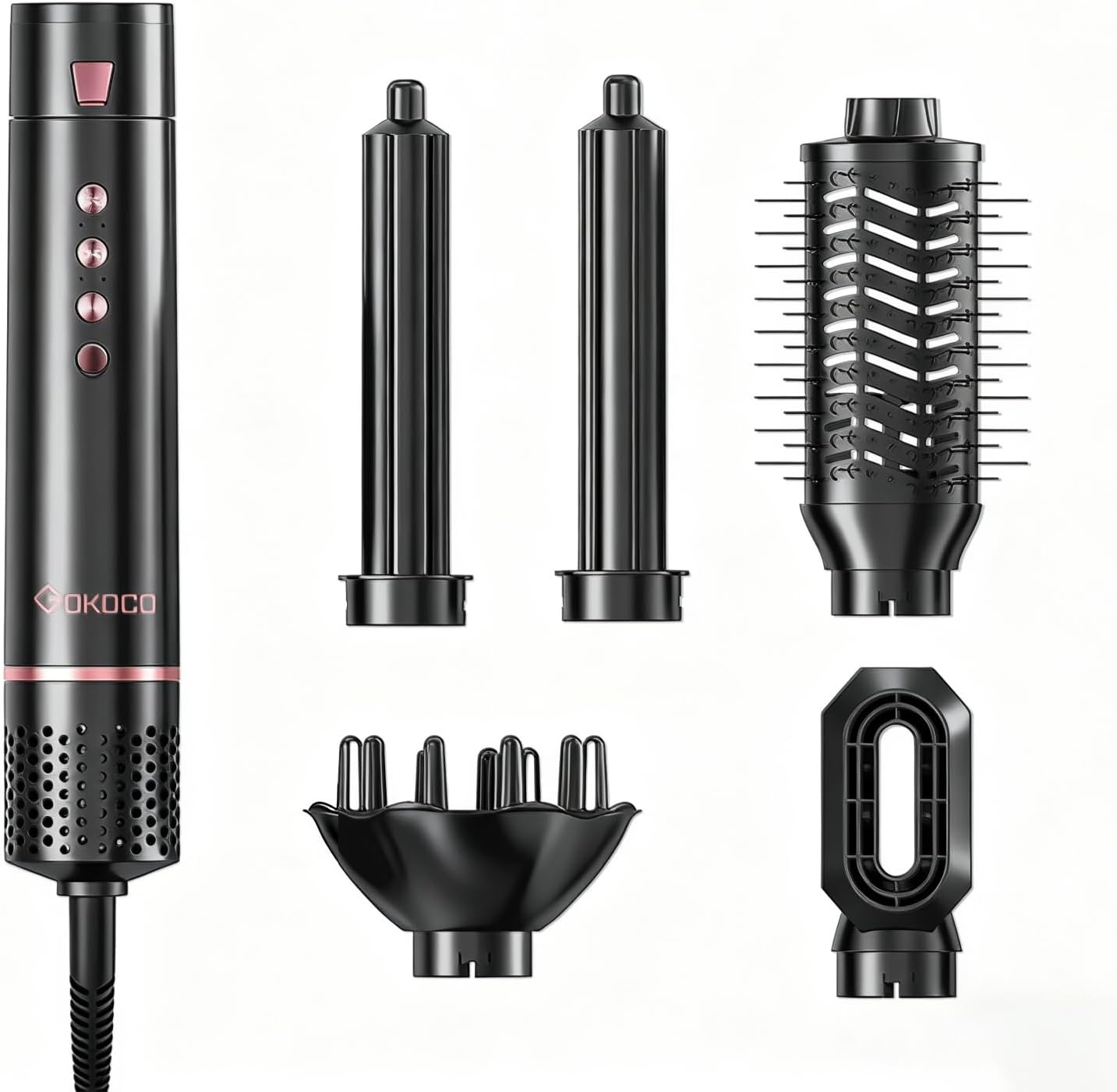 Gokoco Gd031 Secadora 5 Em 1 Kit Bivolt 127-220V, Motor 110.000 Rpm, 5 Anexos para Cabelos Cacheados e Lisos, Viagem de Negócios, Preto