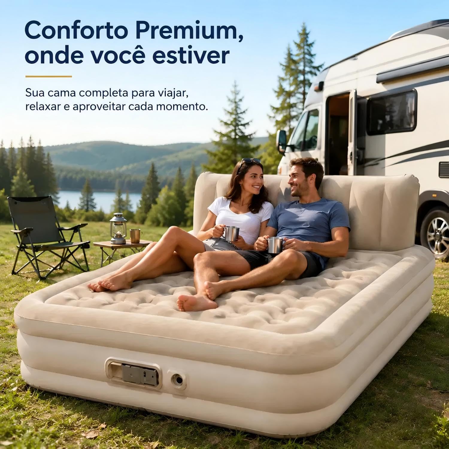 Mostra a aplicação real do produto em viagem ou acampamento, reforçando portabilidade e versatilidade.