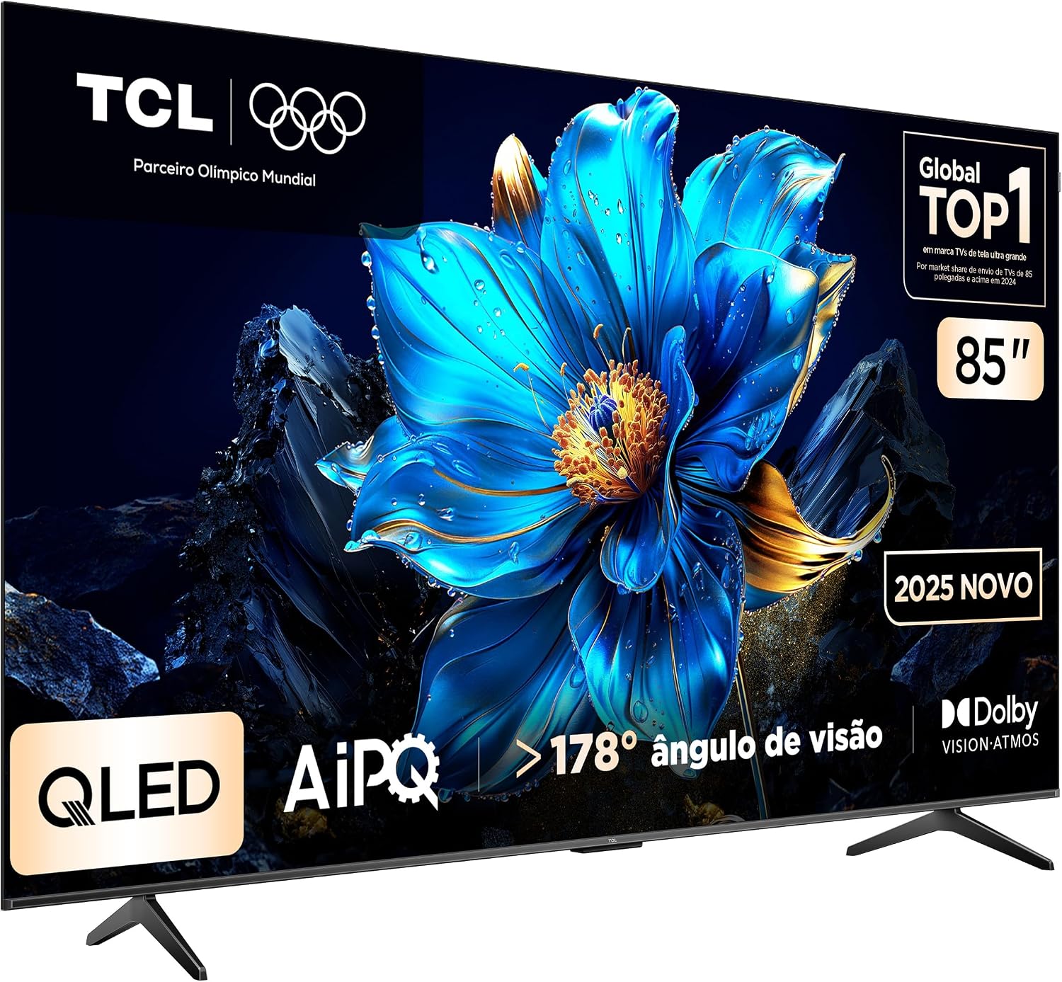 Evidenciar o design sem moldura, a aparência moderna e como a TV se encaixa no ambiente.