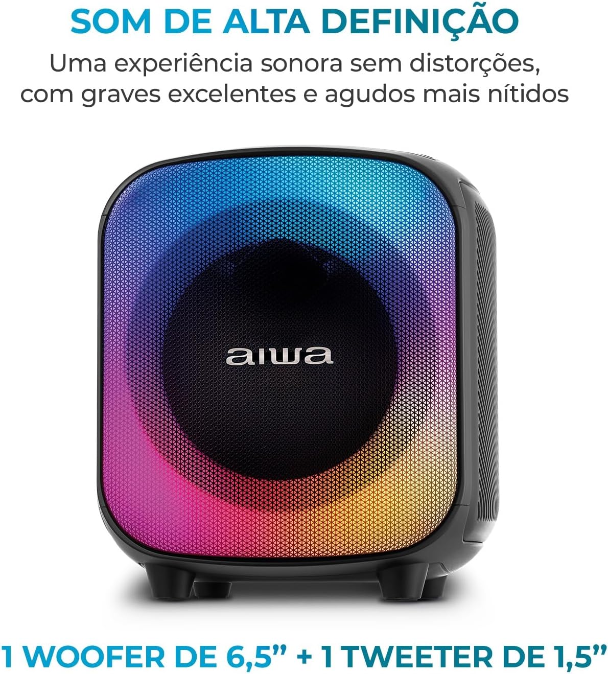 Mostra a caixa de som no cenário de uso real, reforçando o lado party box.