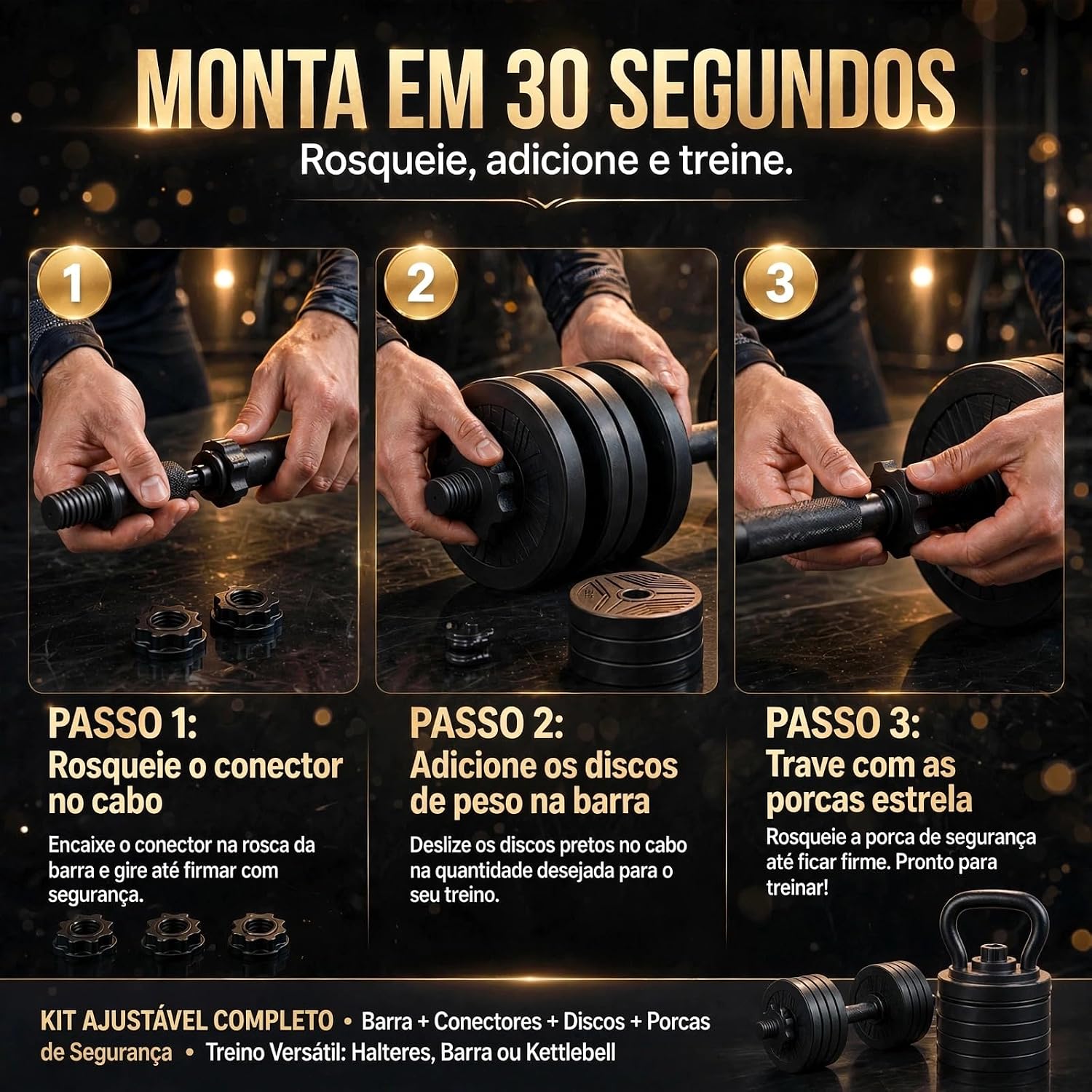 Destaca o aspecto 6 em 1 e a flexibilidade de uso para diferentes exercícios.