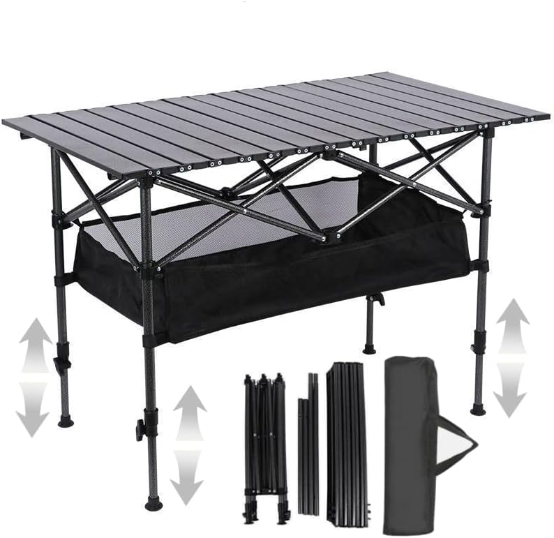 Apresenta a visão geral do produto, formato retangular e proposta de mesa portátil para uso externo.