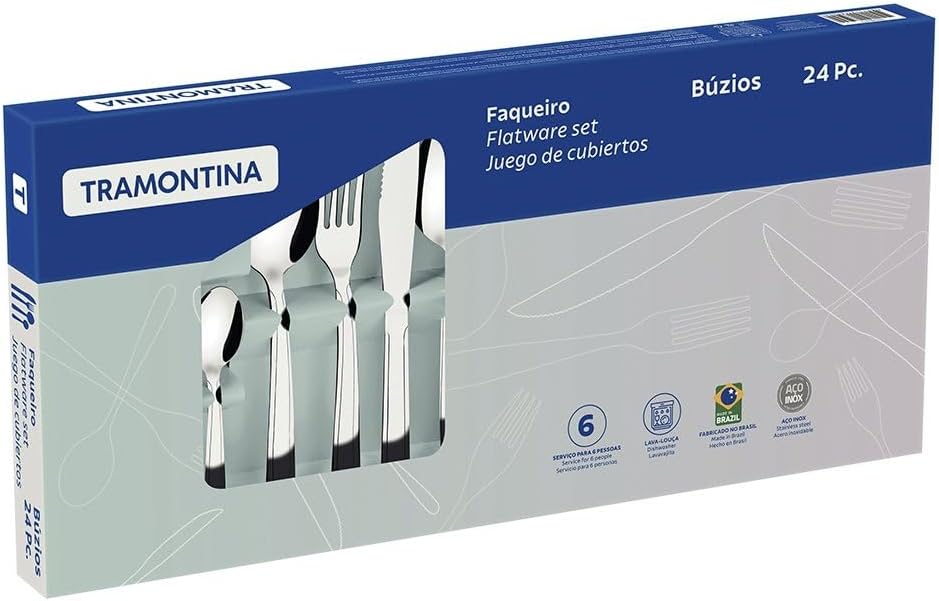 Destaca a visão geral do produto, o acabamento polido e a proposta de conjunto completo com 24 peças.