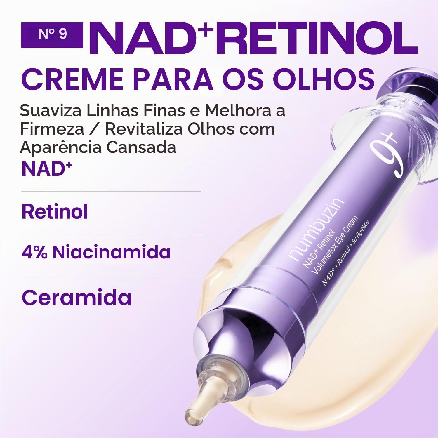 Ajuda a destacar a composição com retinol, NAD+, peptídeos e niacinamida e o posicionamento anti-idade.