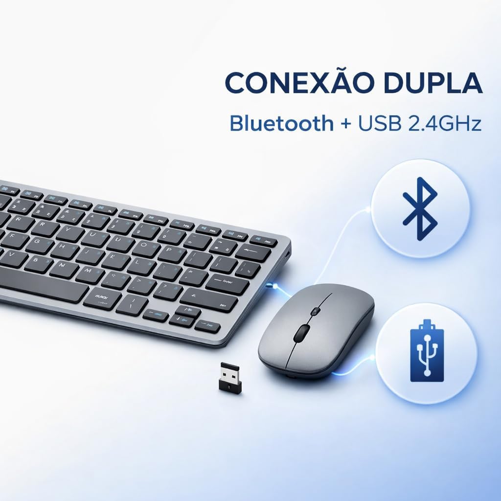 Ajuda a destacar o perfil fino do teclado e o desenho do mouse, reforçando ergonomia e estética.