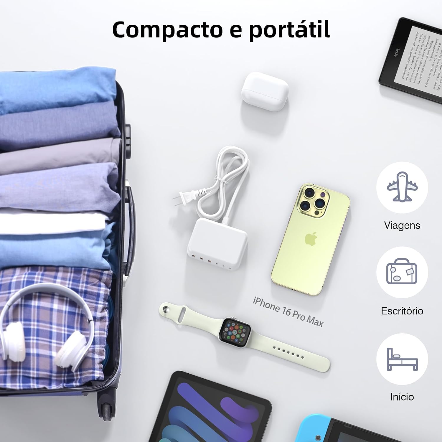 Mostra o carregador em uso real, evidenciando conveniência para carregar vários aparelhos ao mesmo tempo.