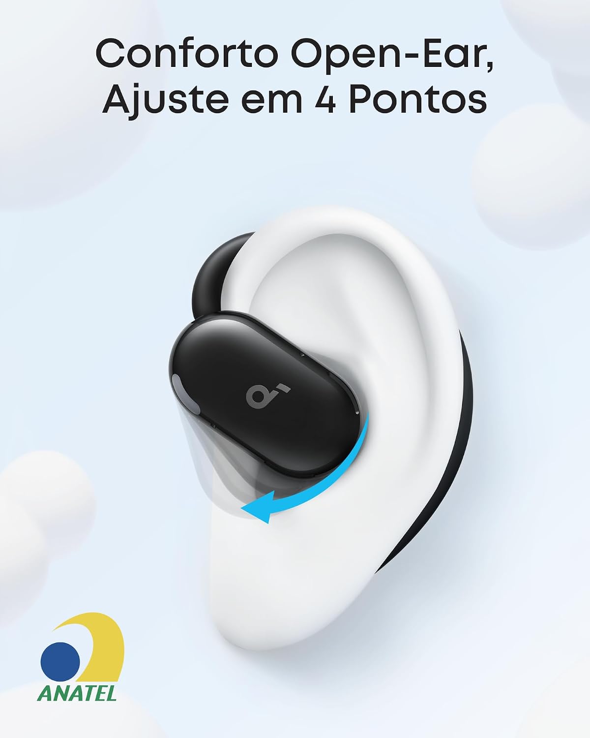 Evidencia a ergonomia, o apoio lateral e a forma como o fone fica posicionado sem entrar no canal auditivo.