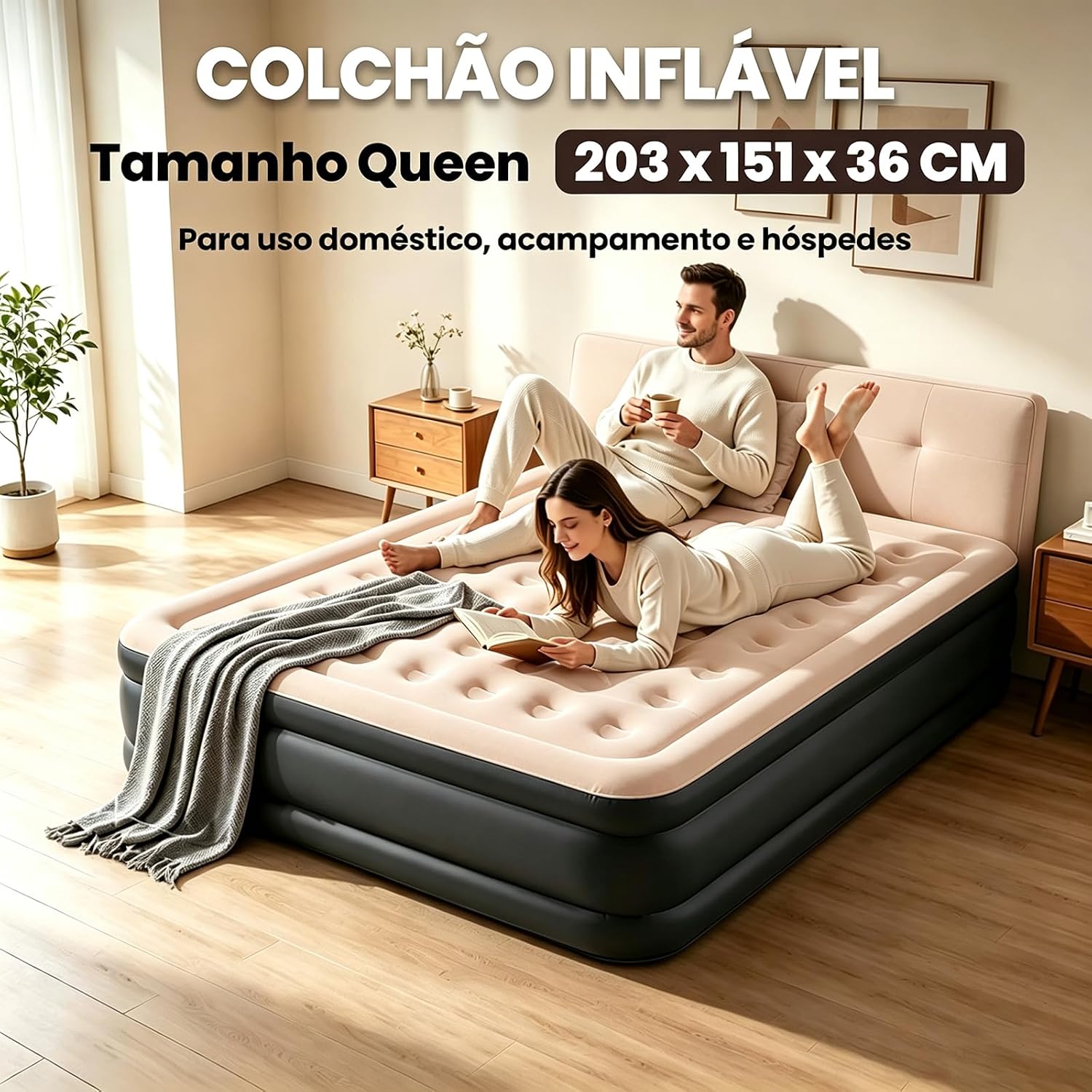 Destaca a altura de 36 cm e a sensação de colchão robusto, mais próximo de uma cama convencional.