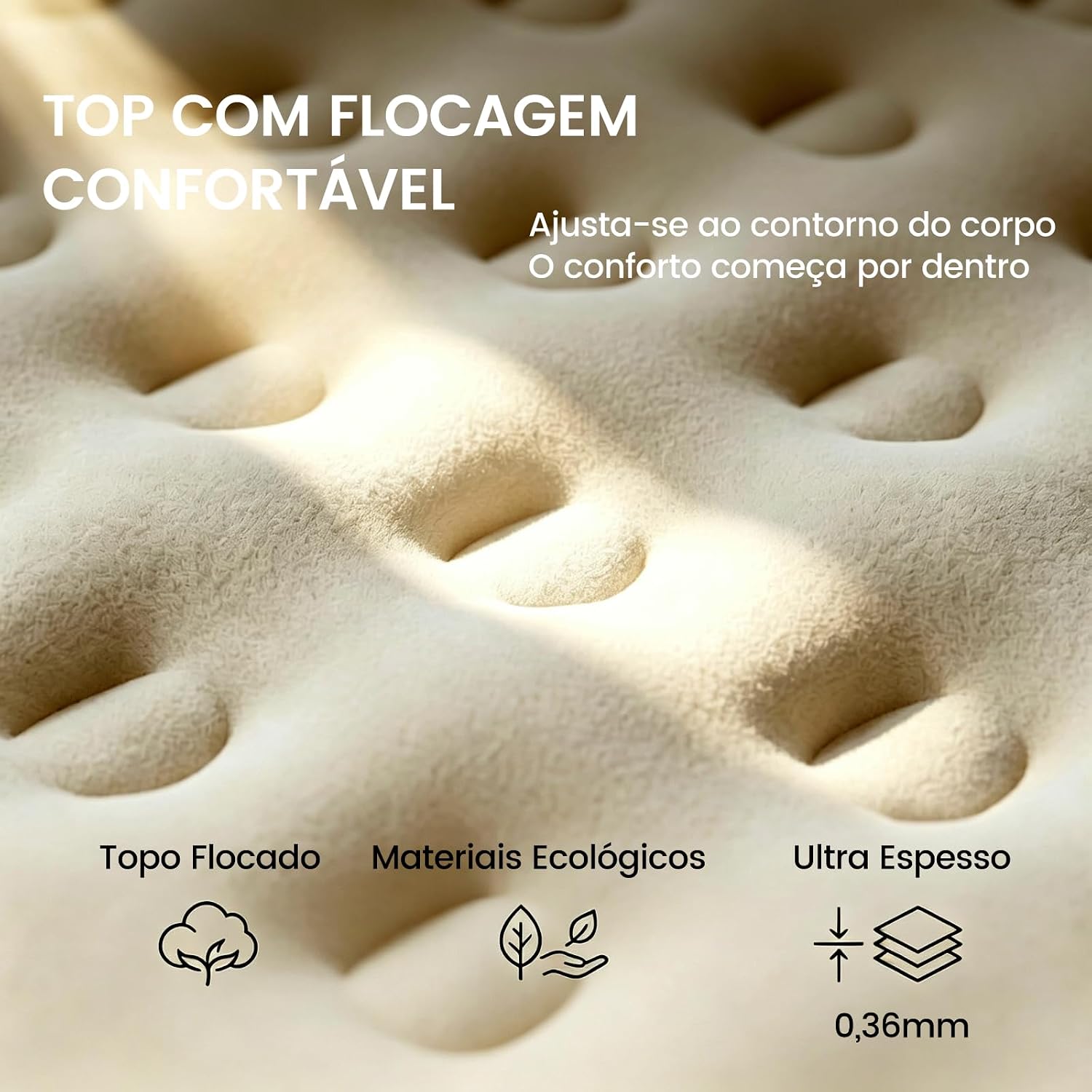 Evidencia acabamento, conforto ao toque e a proposta de material resistente a furos e escorregões.