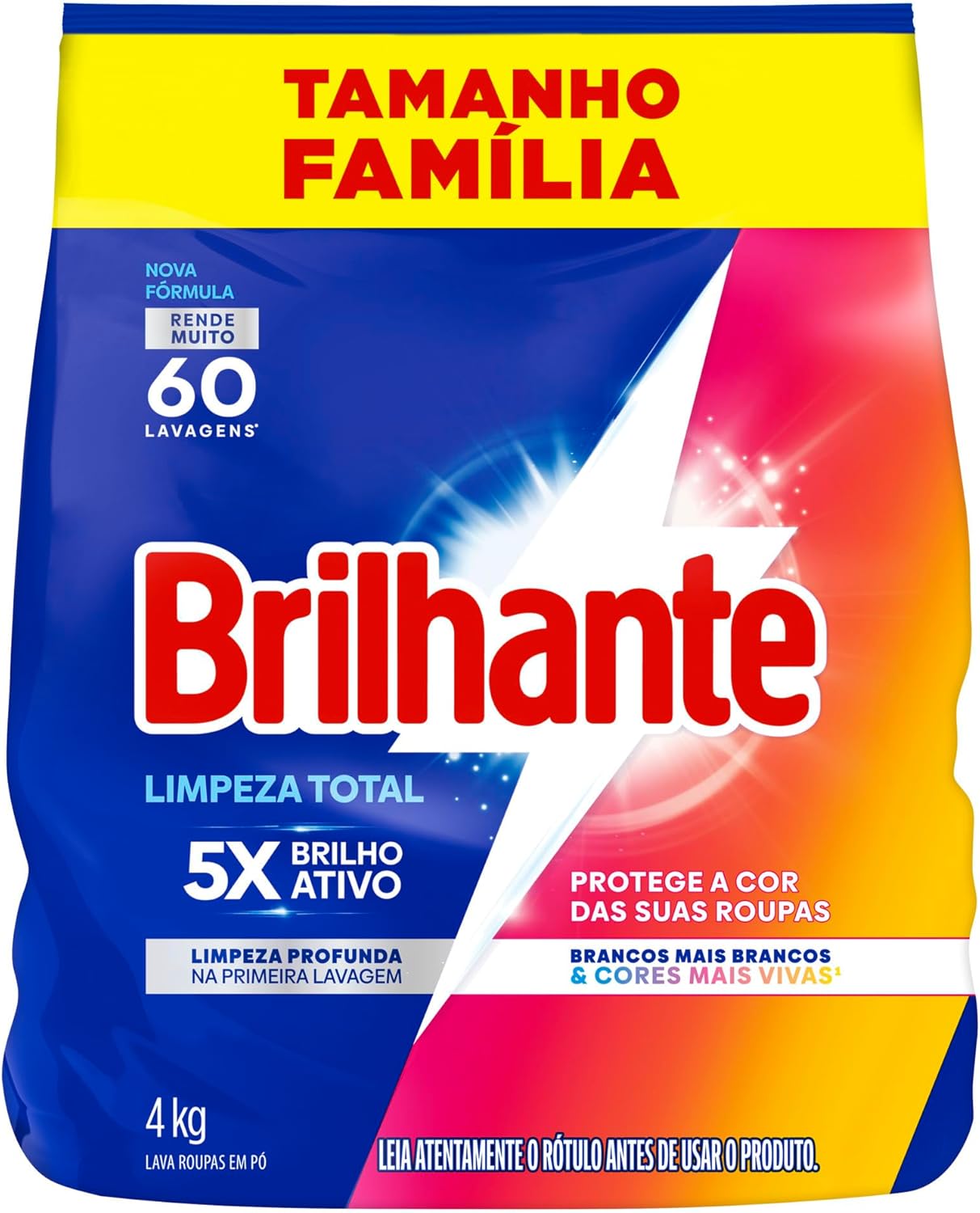 Apresenta a embalagem, o tamanho família de 4 kg e a identidade visual do produto, importante para reconhecimento rápido.