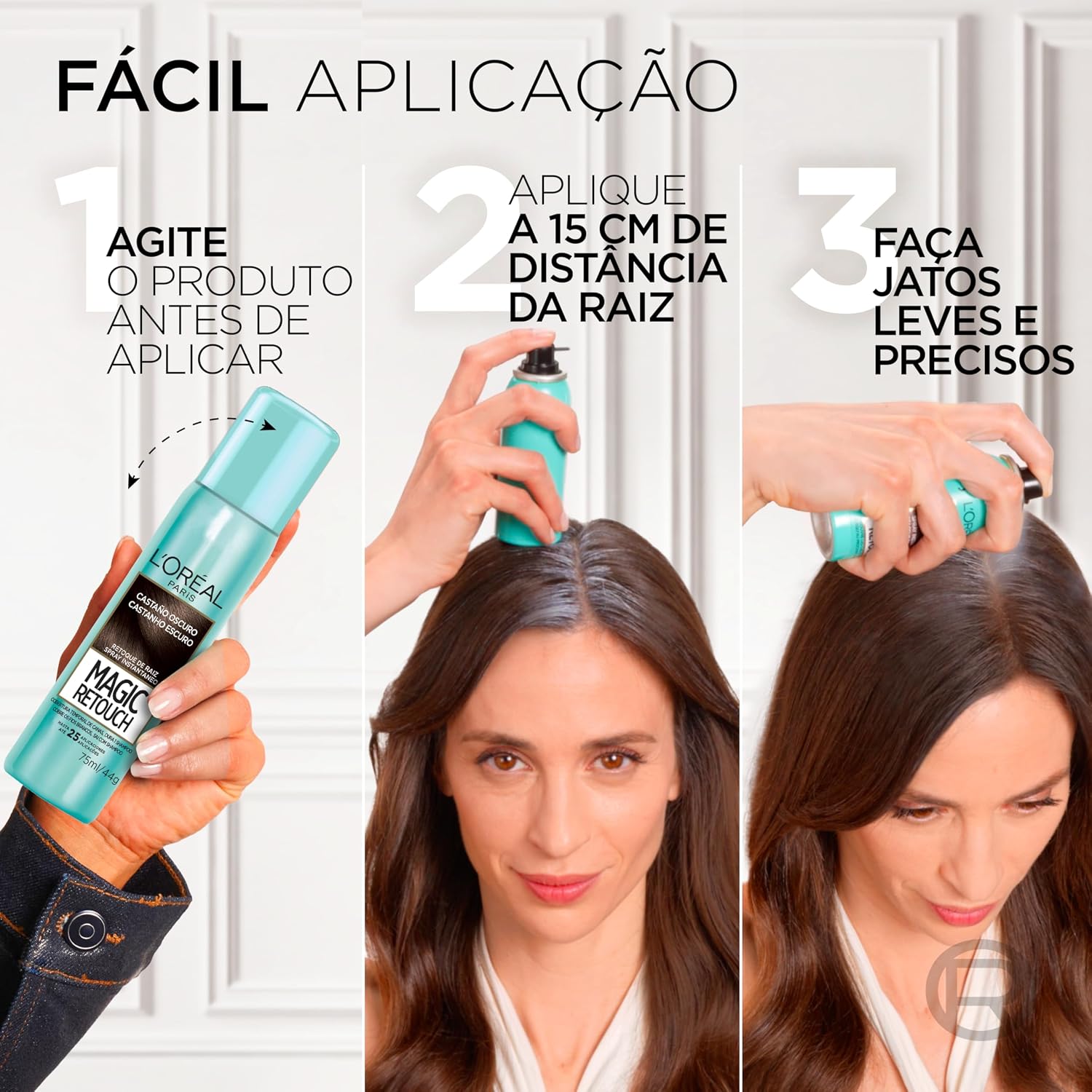 Mostra o uso real do spray e o benefício principal: disfarçar a raiz rapidamente.