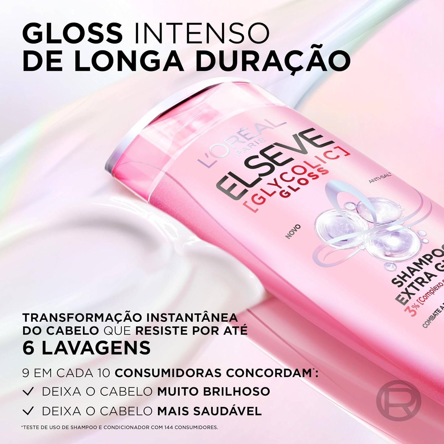 Destaca informação visual do item e pode reforçar atributos como tratamento gloss, ácido glicólico e uso profissional/doméstico.
