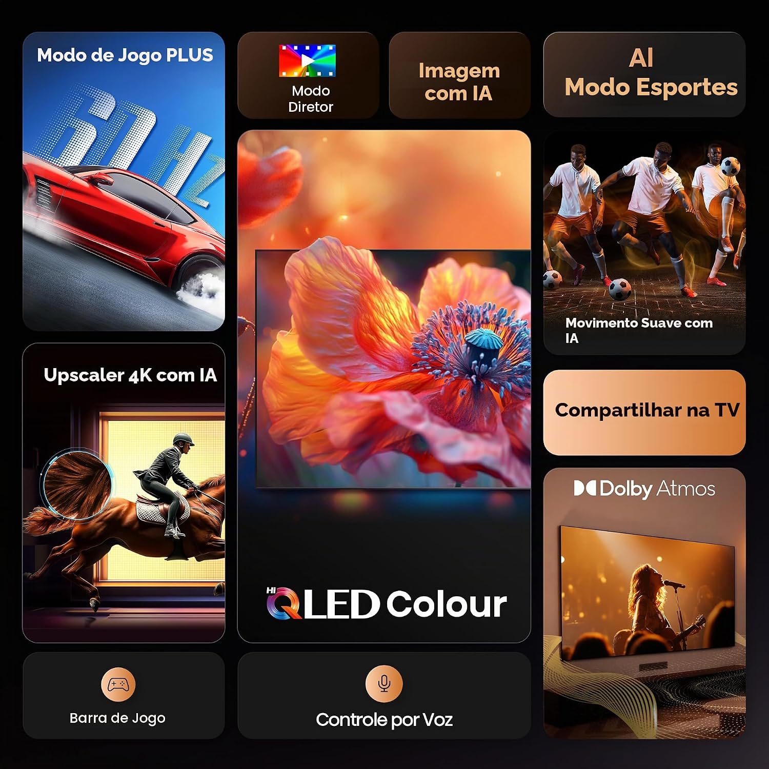 Destaca o design e a presença visual da TV no ambiente.