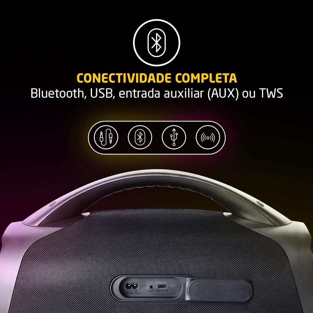 Evidencia o apelo de uso em eventos e a proposta de transformar o ambiente com som e presença visual.