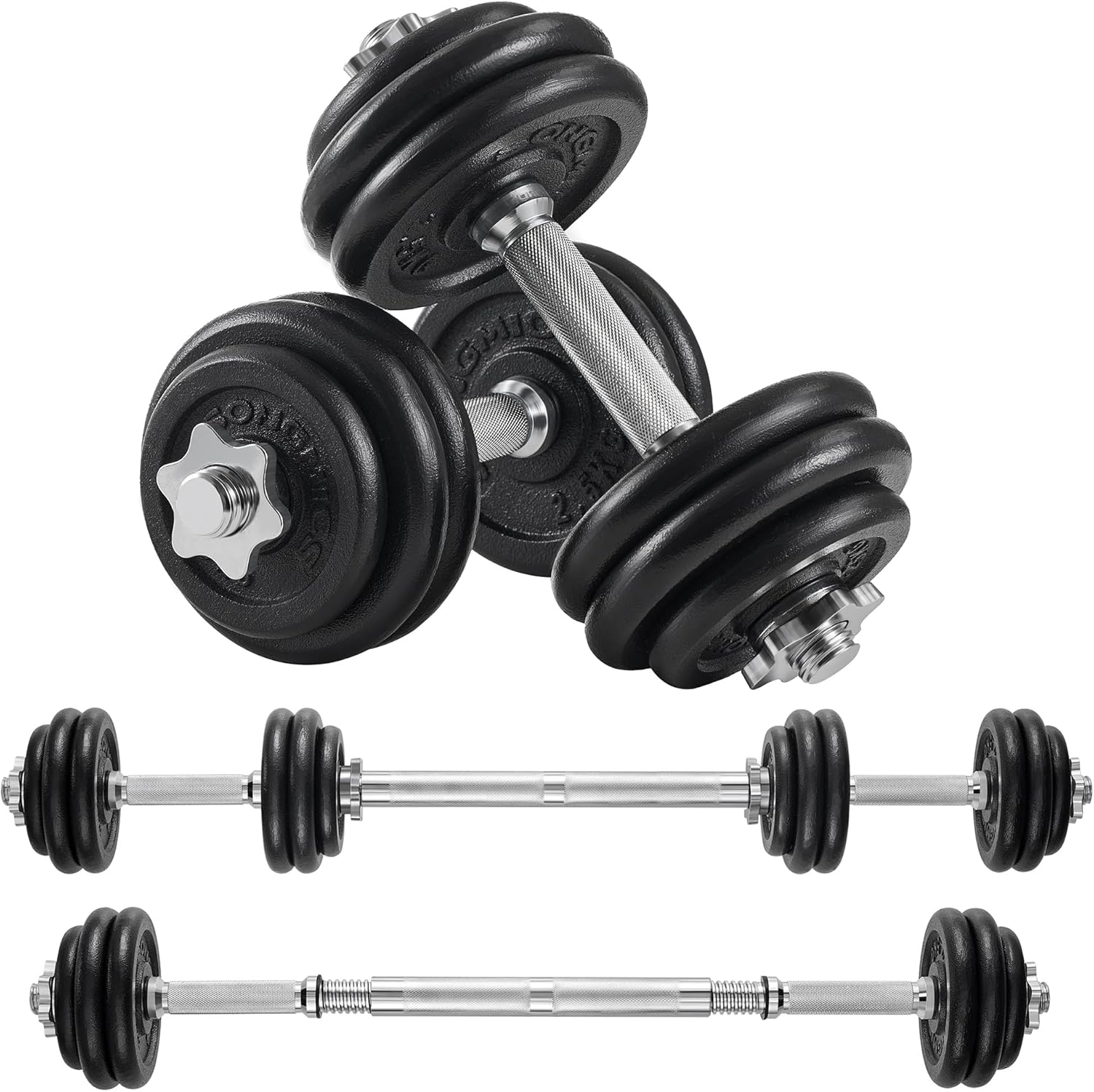 Songmics Halteres de Ferro Fundido 2 Em 1, 10/15 Kg, Ajustável para Treino Masculino e Feminino, Treinamento Fitness, Musculação, Preto e Prata