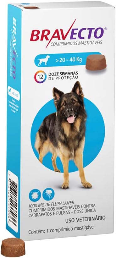 Ajuda a identificar rapidamente o produto correto, a dosagem de 1000mg e a faixa de peso para cães de 20 a 40kg.