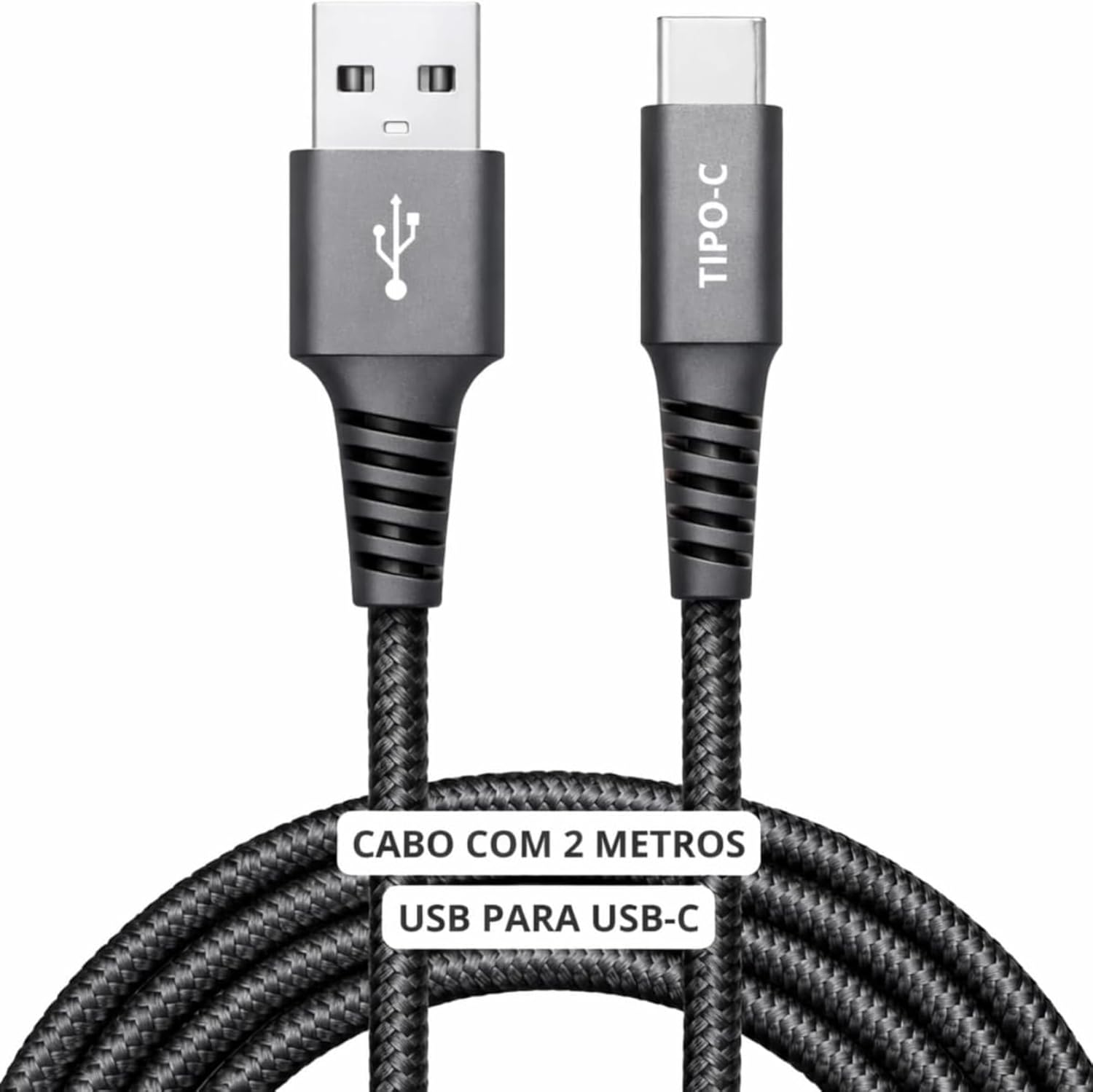 Cabo USB para USB-C 2 Metros 60W Turbo Carregamento Rápido — Nylon Trançado Reforçado Compatível Iphone 15/16 Samsung Galaxy Xiaomi Macbook Notebook Tablet — Preto