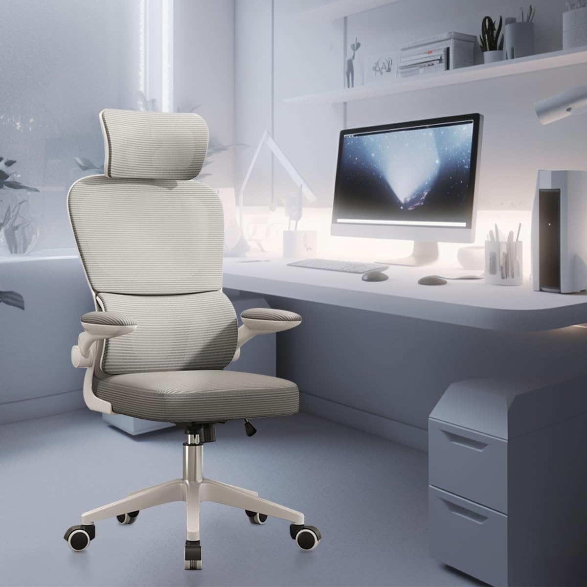 Apresenta o produto como um todo e reforça a proposta de cadeira ergonômica para escritório.