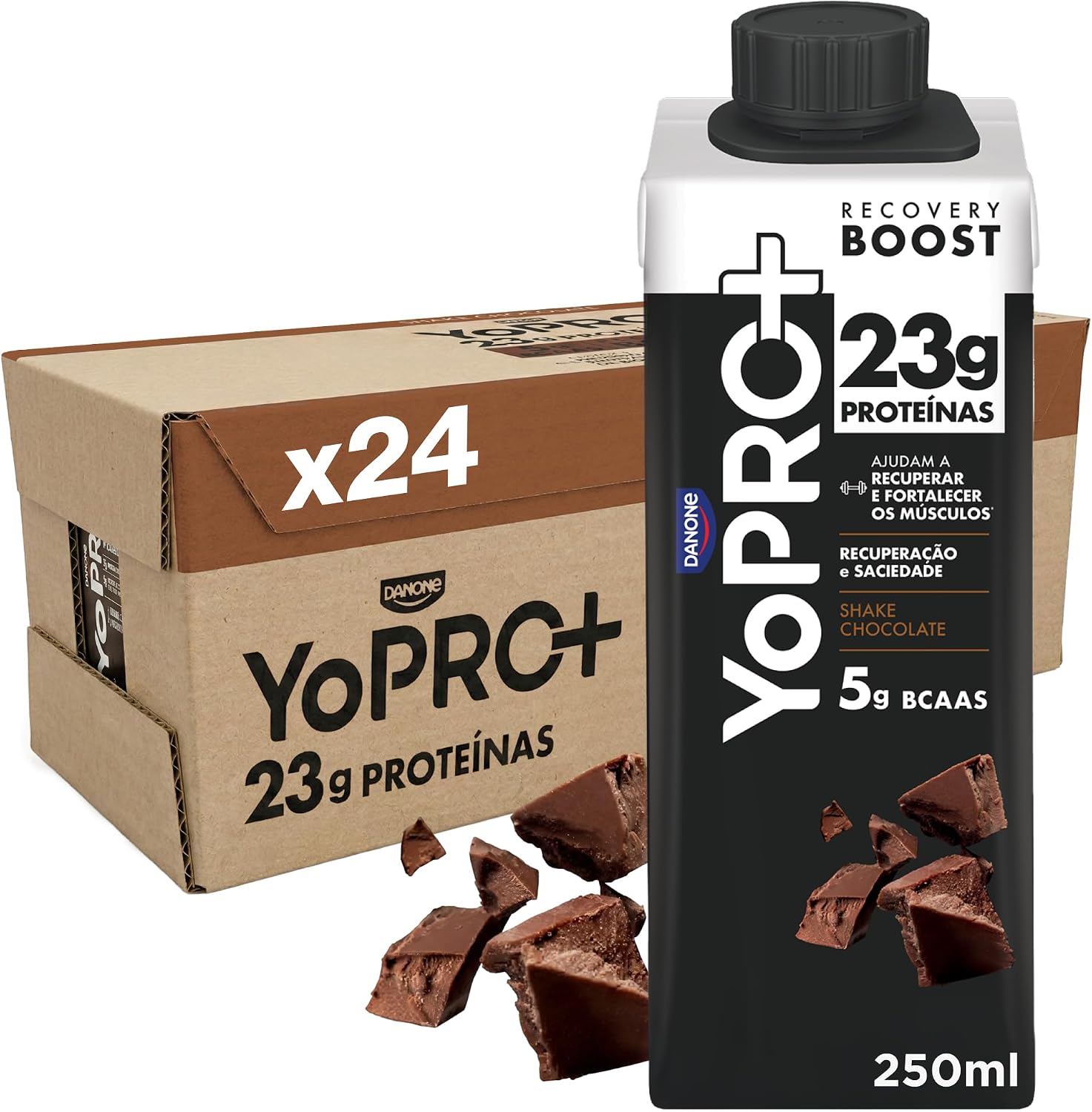 Apresenta a identidade do produto e os principais apelos de compra: 23g de proteínas, chocolate e formato pronto para consumo.