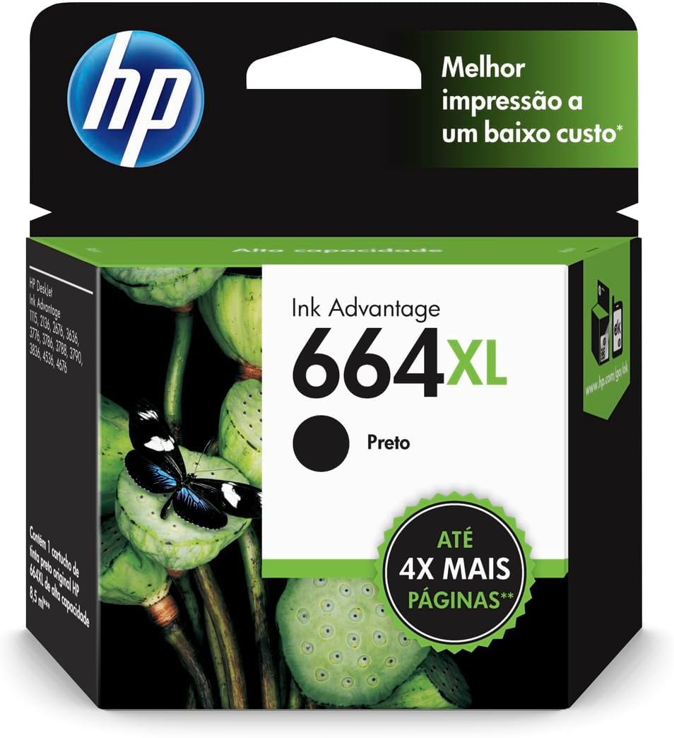 Cartucho de Tinta Hp 664Xl Preto Original (F6V31Ab) para Impressora Deskjet 2136, 2676, 3776, 5076, 5276