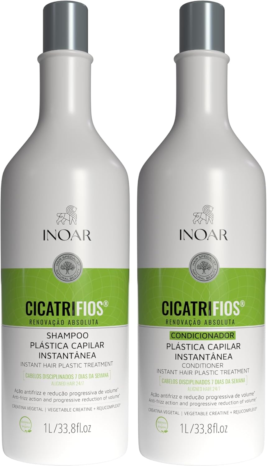 Ajuda a identificar rapidamente o kit, o tamanho de 1L de cada item e a linha CicatriFios como solução para frizz, brilho e hidratação.