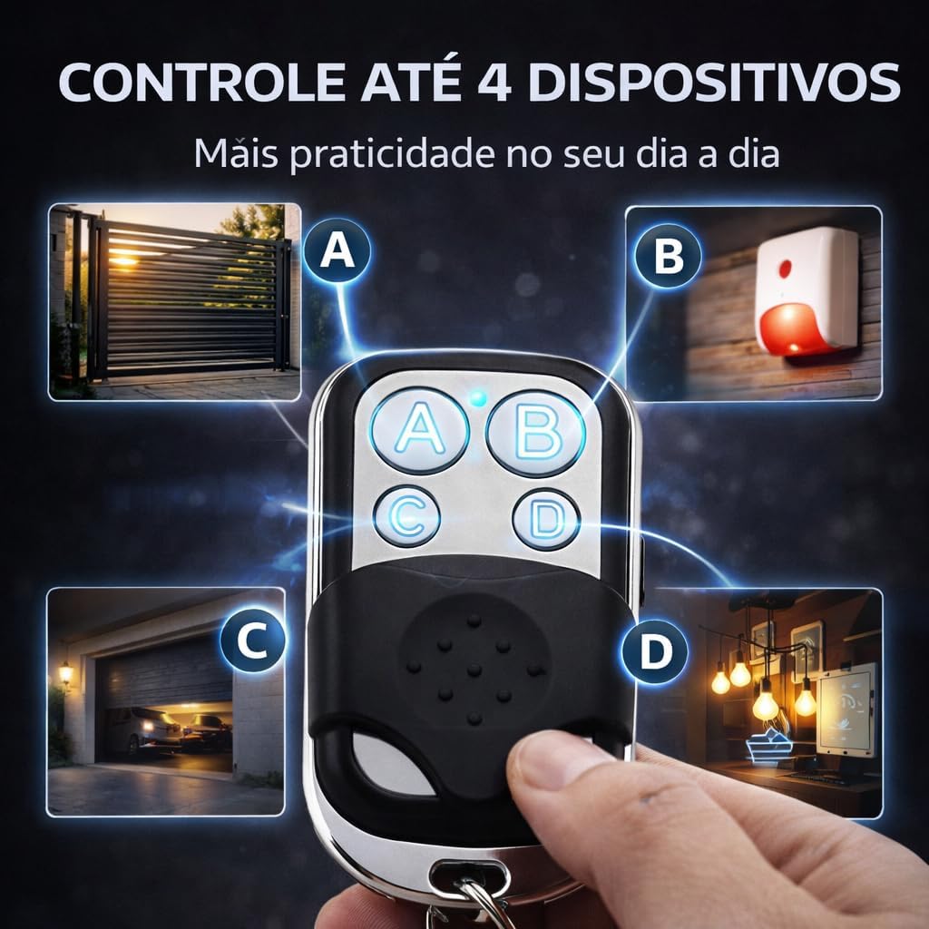 Mostra a aplicação prática do controle no dia a dia, reforçando compatibilidade com portões e alarmes.