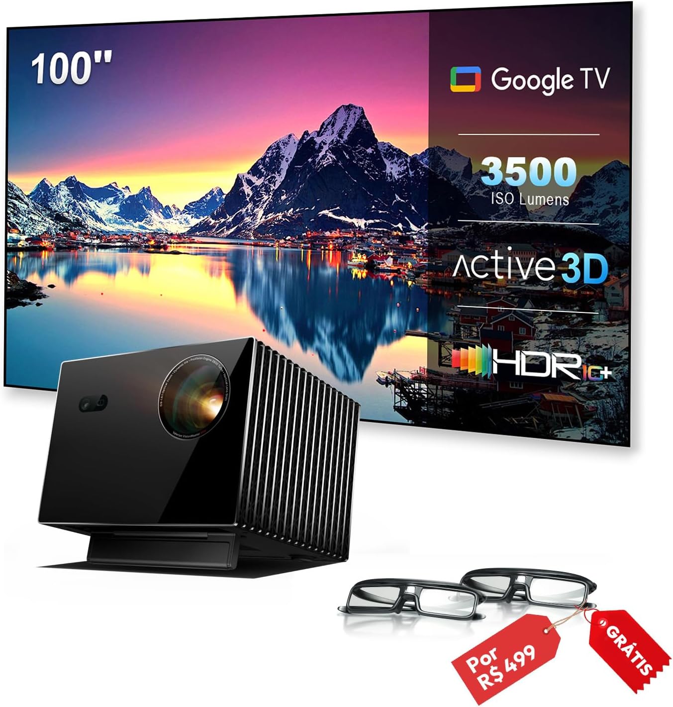 [Kit] Valerion Visionmaster Max Projetor Laser 4K + Nothingprojector Tela 100'' Alr/Clr, 3500 Iso Lumens, Preto Profundo, Zoom Óptico 0.9–1.5:1, Até 300”, Imax Enhanced, Hdr10+, 3D Wi-Fi 6E, Google Tv