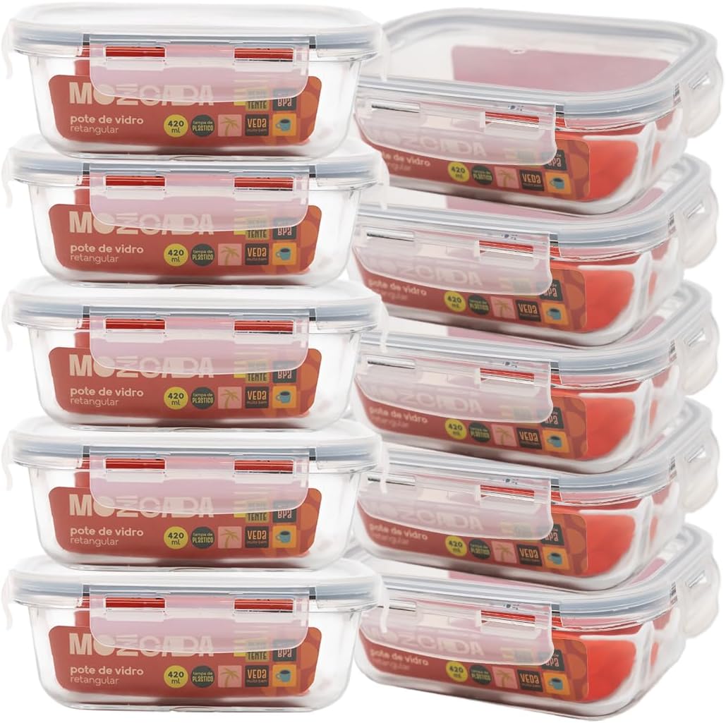 Mostra o conjunto completo, o formato retangular e a padronização do kit, reforçando volume de compra e uso para armazenamento de alimentos.