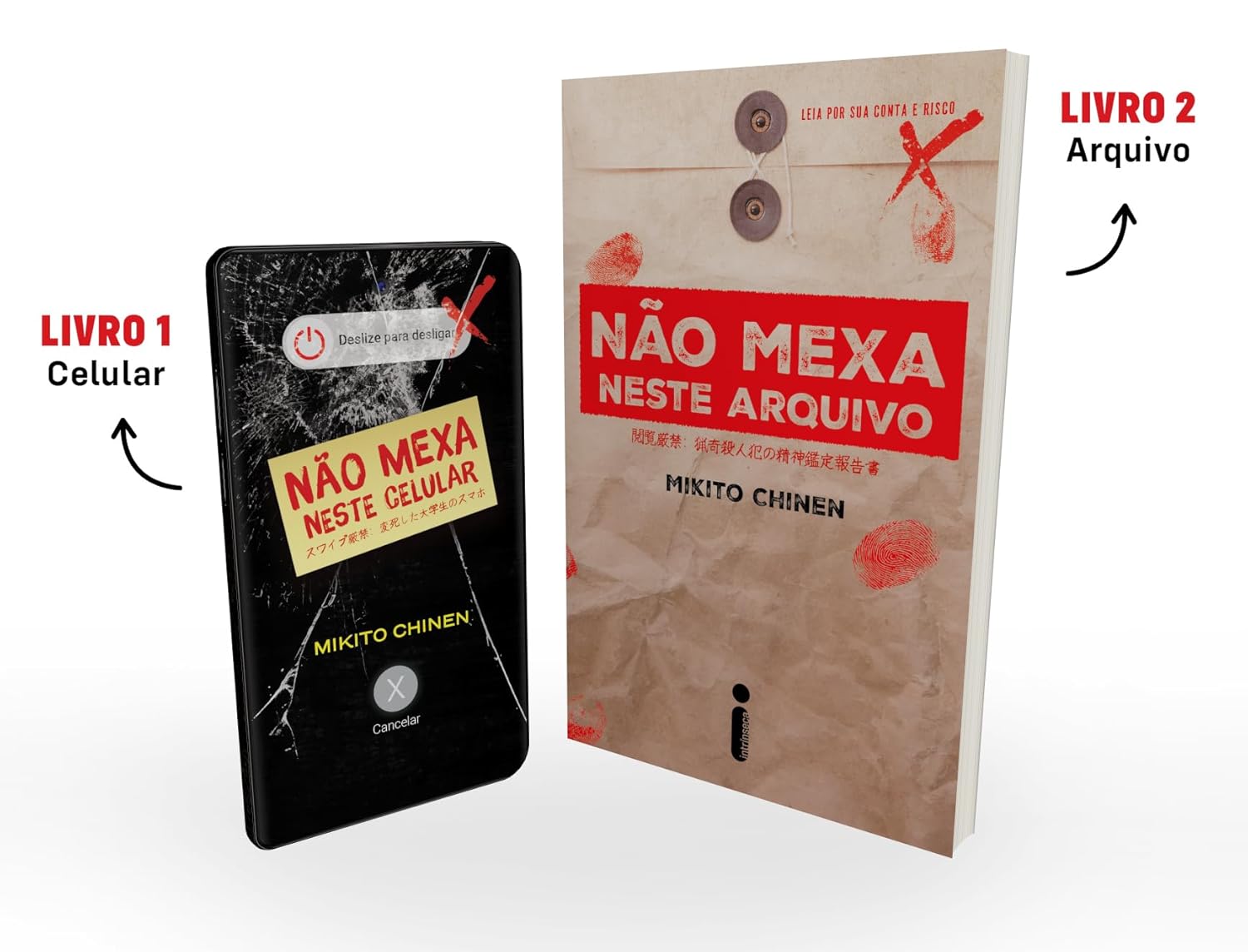 Mostra a apresentação comercial do produto e ajuda a comunicar imediatamente que se trata de uma obra em dupla, com proposta de terror japonês.