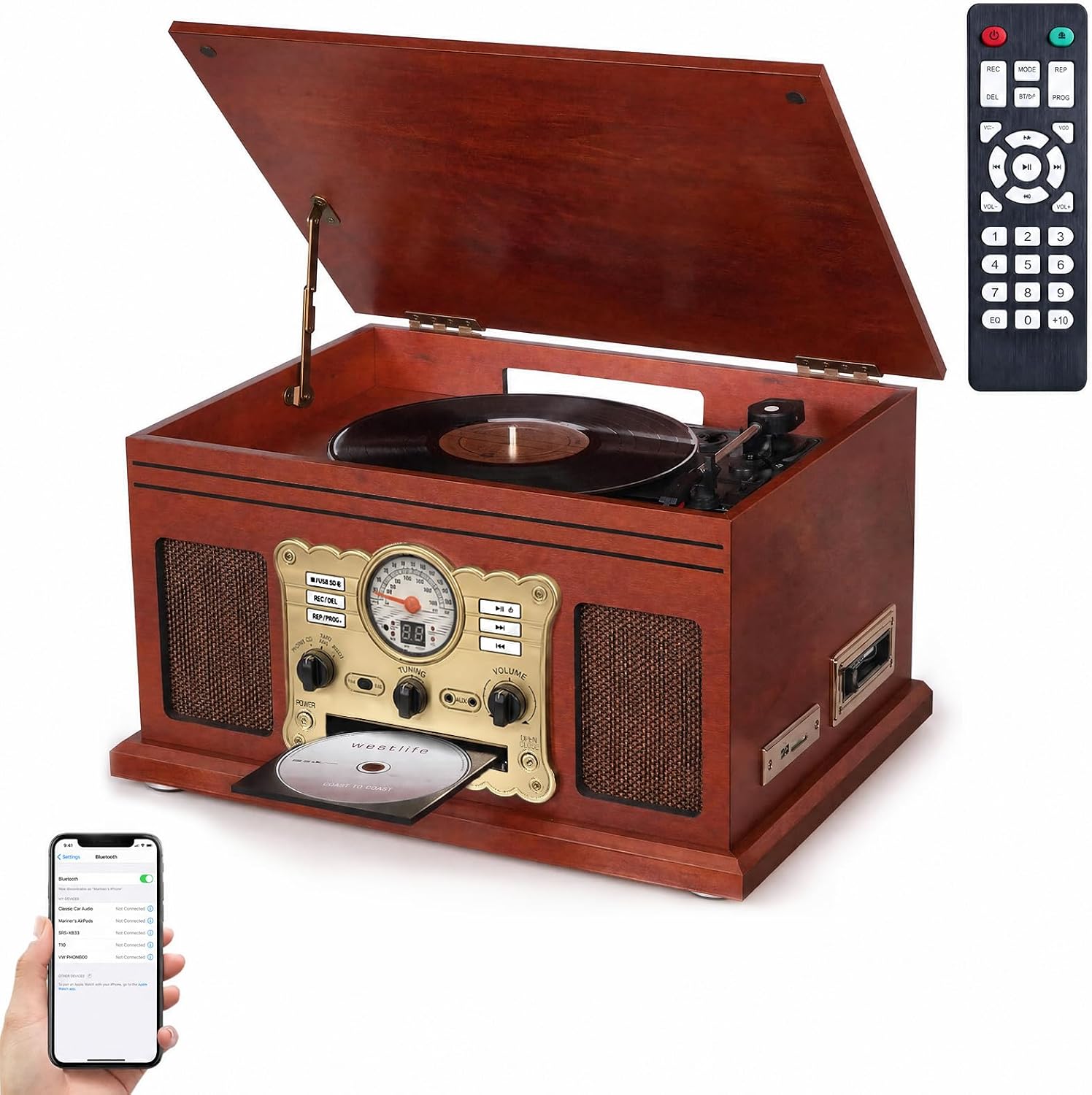 Vedo Toca-Discos 10 Em 1 com Bluetooth: Giradiscos 3 Velocidades para Vinil, Conversor Lp/Mp3, Cd, Cassete, Rádio Fm - Madeira Mogno e Alto-Falantes | Presente Retro para Colecionadores 110V/220V
