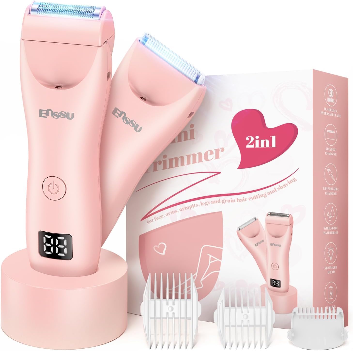 Enssu Aparador de Pelos Intimos Femininos 2 Em 1, Aparador de Pelos Feminino para Corpo e Virilha, Depilador Elétrico com Lâmina de Segurança, Ipx7 À Prova D'água, Carga Rápida 1H