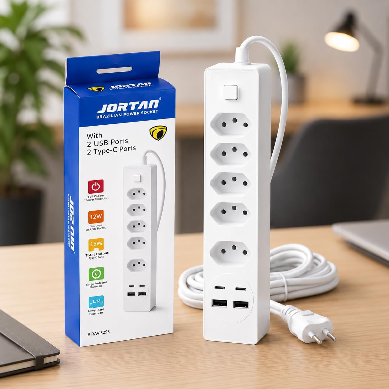 Filtro de Linha 5 Tomadas USB USB-C Proteção Contra Surtos Bivolt 2M