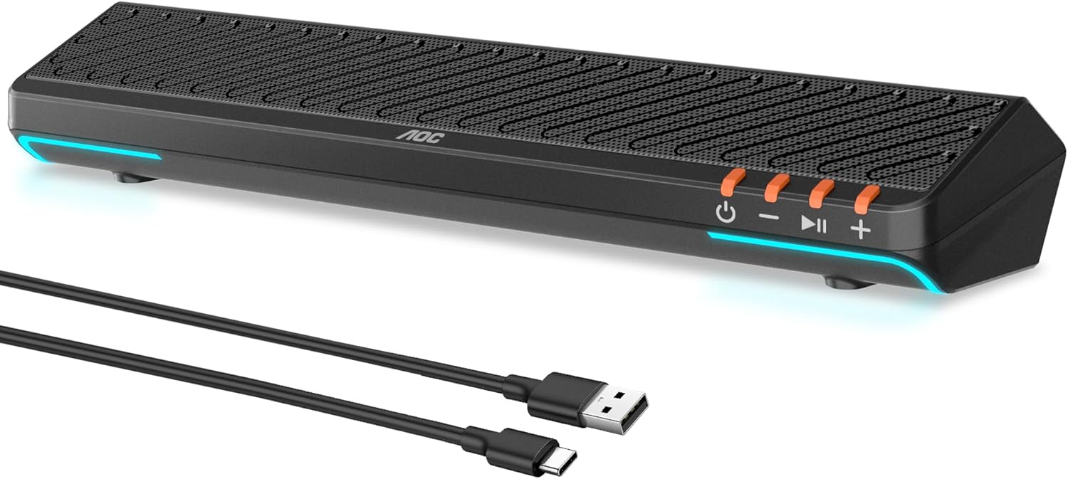 Aoc Acs3640 Caixa de Som para Pc Gamer 10W Rms, Soundbar Estéreo USB, Alto Falante Estéreo com Iluminação Rgb, Plug And Play, Alto-Falantes para Computador de Mesa, Tablet, Telefone Celular